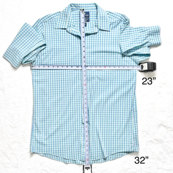 Stafford Mens Aqua Blue White Gingham Plaid Long Sleeve No Iron Buttondown Shirt - Picture 6 of 7
